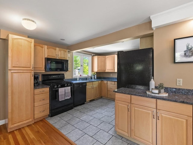34 Kinsley Rd, Acton, MA 01720 - kitchen featuring black appliances, light brown cabinets, a sink, and dark countertops