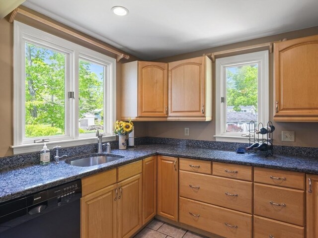 34 Kinsley Rd, Acton, MA 01720 - kitchen featuring dishwasher, a sink, dark stone countertops, and light tile patterned flooring