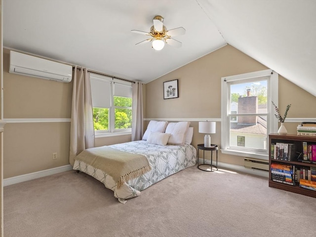 34 Kinsley Rd, Acton, MA 01720 - carpeted bedroom with a wall unit AC, a baseboard heating unit, lofted ceiling, baseboards, and ceiling fan