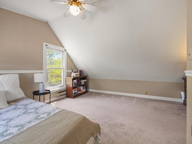 34 Kinsley Rd, Acton, MA 01720 - bedroom featuring lofted ceiling, a baseboard radiator, carpet, baseboards, and a ceiling fan