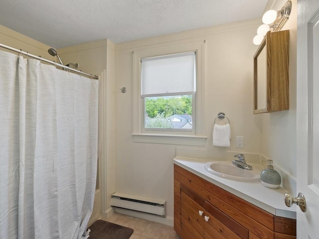 34 Kinsley Rd, Acton, MA 01720 - bathroom featuring baseboard heating, vanity, shower / bathtub combination with curtain, a textured ceiling, and tile patterned floors