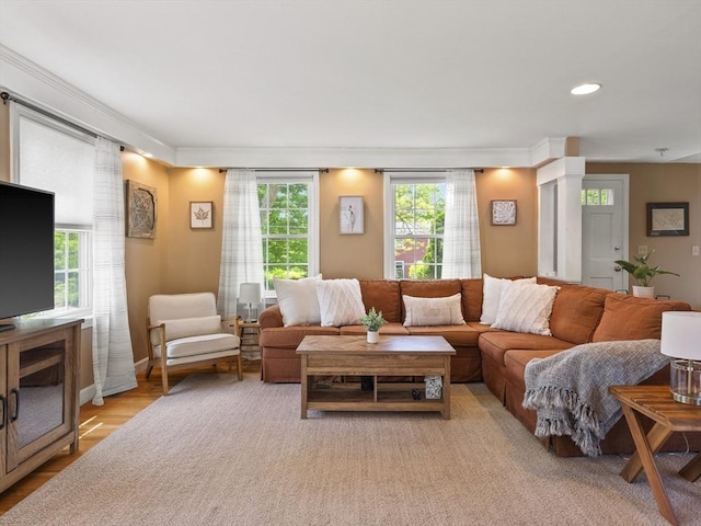 34 Kinsley Rd, Acton, MA 01720 - living room featuring ornamental molding, light wood finished floors, and recessed lighting