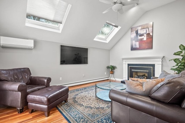 living room featuring ceiling fan, a baseboard radiator, an AC wall unit, hardwood / wood-style floors, and lofted ceiling