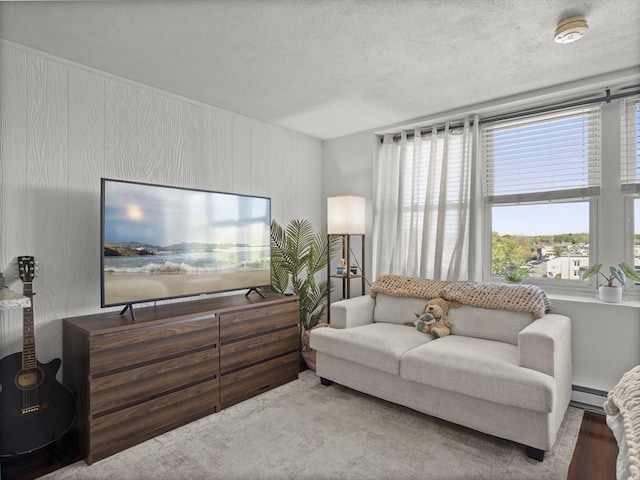 living room with a baseboard heating unit and a textured ceiling