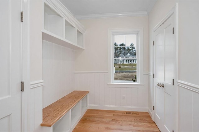 mudroom featuring ornamental molding, light hardwood / wood-style floors, and plenty of natural light