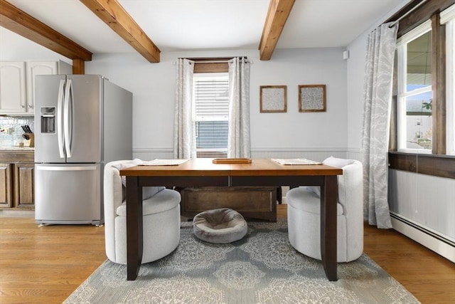 121 Lynnfield St, Lynn, MA 01904 - home office with a baseboard radiator, light wood finished floors, plenty of natural light, a wainscoted wall, and beam ceiling
