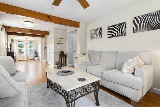 121 Lynnfield St, Lynn, MA 01904 - living room featuring wood finished floors, a ceiling fan, beam ceiling, and baseboards