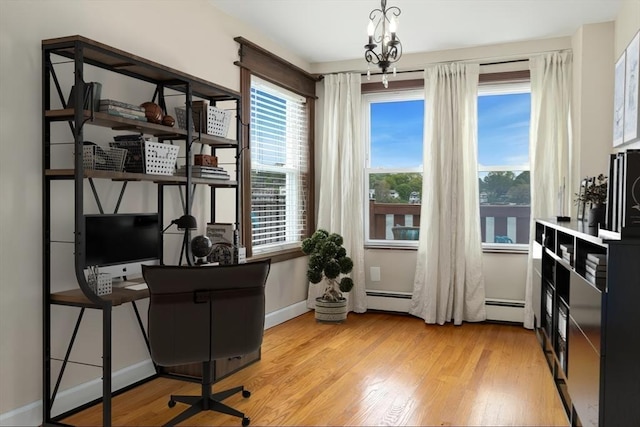 121 Lynnfield St, Lynn, MA 01904 - home office with light wood-type flooring, baseboards, baseboard heating, and a chandelier
