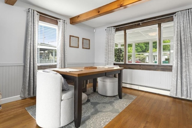121 Lynnfield St, Lynn, MA 01904 - dining space with a baseboard heating unit, beamed ceiling, healthy amount of natural light, wood finished floors, and a wainscoted wall
