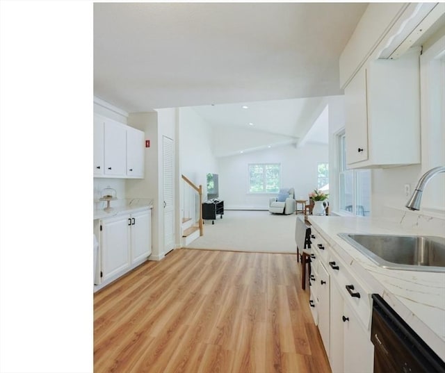 13 Dixon Cir, Holliston, MA 01746 - kitchen with dishwasher, a sink, white cabinetry, light wood-style floors, and vaulted ceiling