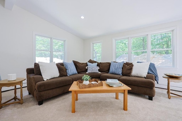 13 Dixon Cir, Holliston, MA 01746 - living area featuring vaulted ceiling, recessed lighting, light carpet, and a baseboard heating unit