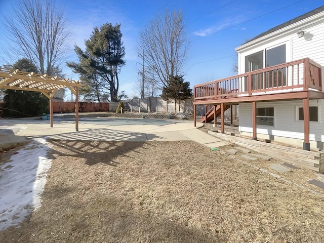 view of yard featuring stairs, a patio, fence, and a pergola