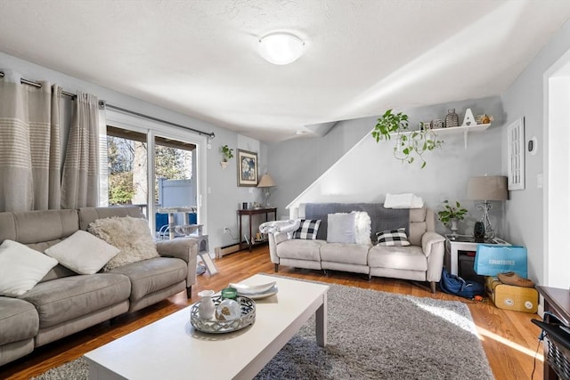 living room with wood-type flooring and a baseboard radiator