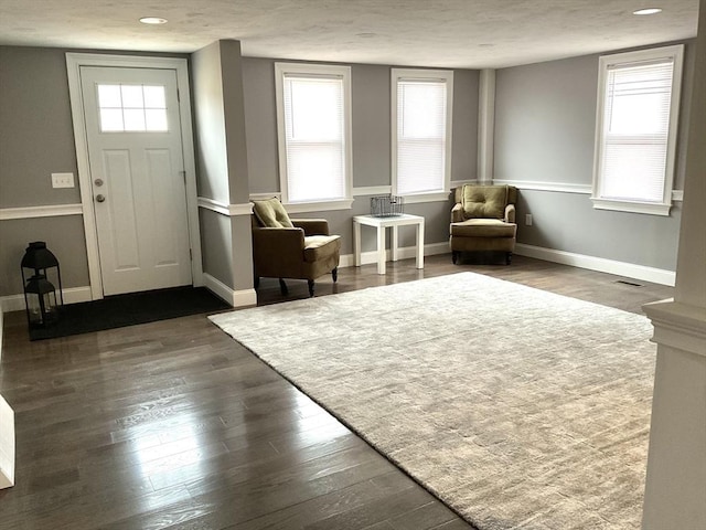 foyer with dark wood-type flooring, a healthy amount of sunlight, baseboards, and a textured ceiling