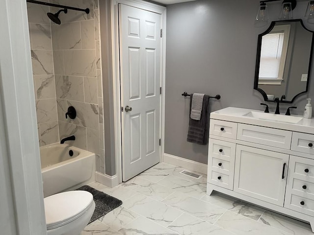 full bathroom with vanity, baseboards, shower / washtub combination, toilet, and marble finish floor