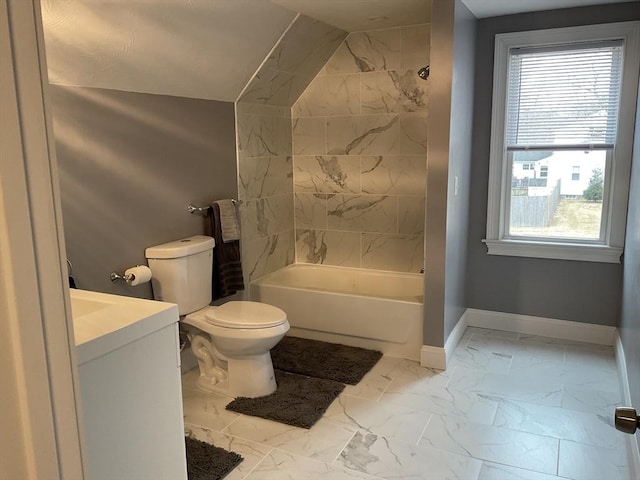 full bath featuring toilet, marble finish floor, vanity, baseboards, and shower / bathtub combination