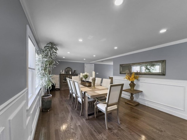 851 Forest St, North Andover, MA 01845 - dining space with ornamental molding, wainscoting, recessed lighting, dark wood-style flooring, and a decorative wall