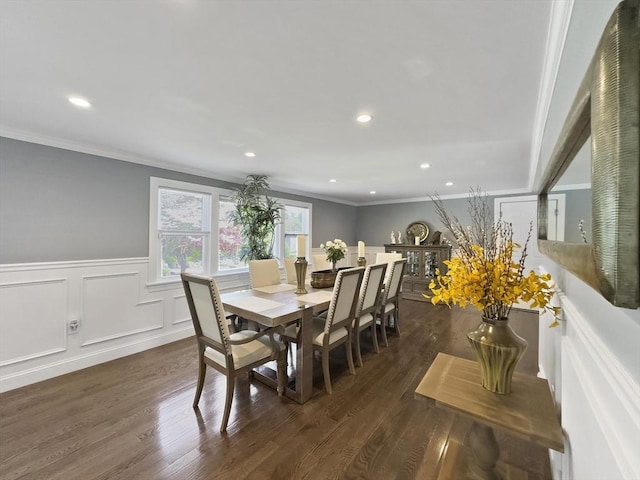851 Forest St, North Andover, MA 01845 - dining area with dark wood-style flooring, wainscoting, crown molding, and recessed lighting