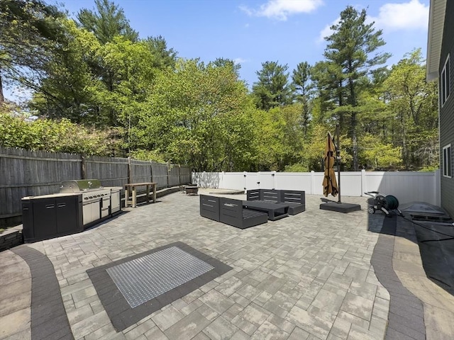 851 Forest St, North Andover, MA 01845 - fenced backyard featuring grilling area, a patio, and an outdoor living space with a fire pit