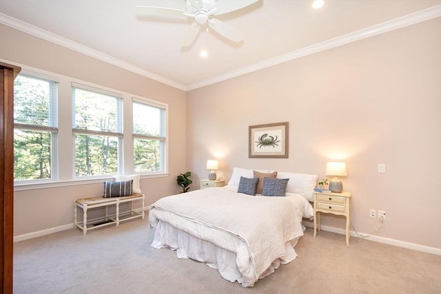 bedroom with light carpet, ceiling fan, and ornamental molding