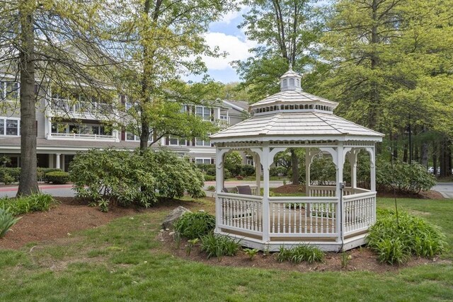 view of community featuring a gazebo and a lawn