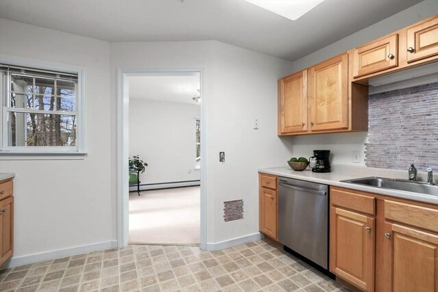 kitchen with dishwasher, backsplash, a baseboard radiator, and sink