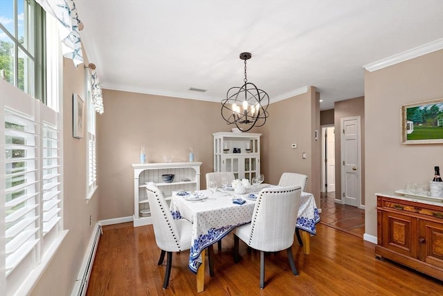 7 Lauras Ln, Marshfield, MA 02050 - dining area featuring a baseboard radiator, a chandelier, wood finished floors, ornamental molding, and baseboards