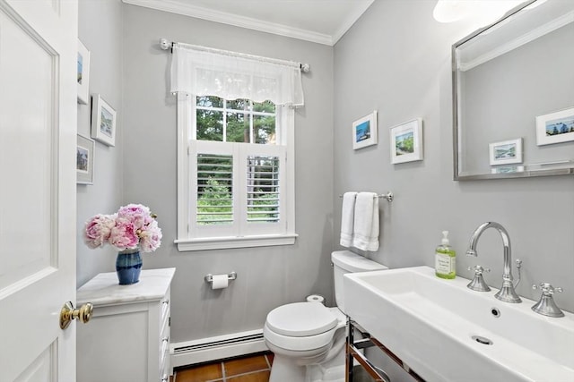 7 Lauras Ln, Marshfield, MA 02050 - half bath featuring baseboard heating, a sink, toilet, and ornamental molding