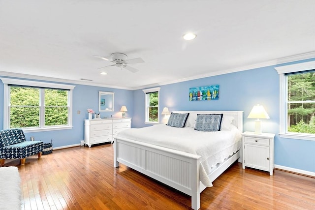 7 Lauras Ln, Marshfield, MA 02050 - bedroom with ornamental molding, baseboards, hardwood / wood-style floors, ceiling fan, and recessed lighting