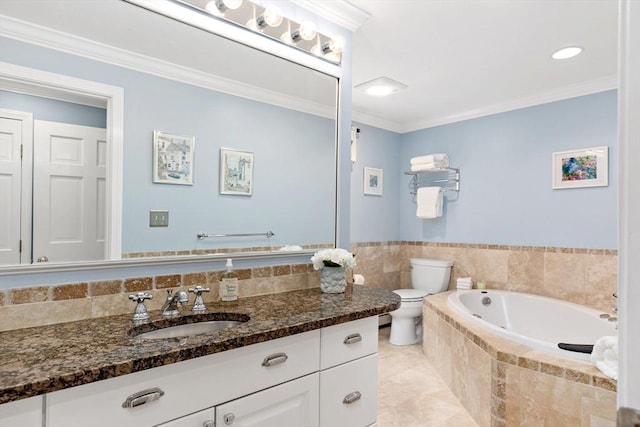 7 Lauras Ln, Marshfield, MA 02050 - bathroom with toilet, a bath, vanity, and ornamental molding