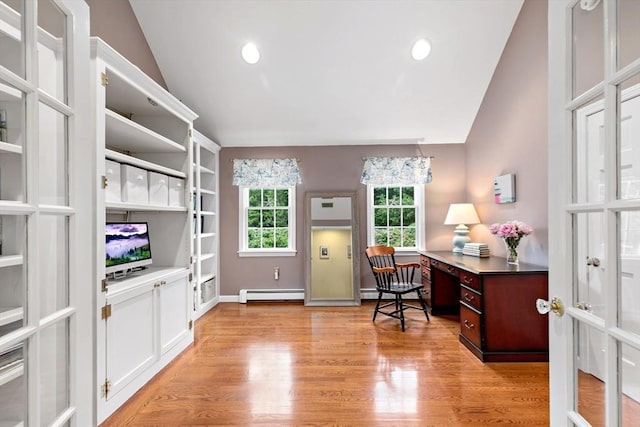 7 Lauras Ln, Marshfield, MA 02050 - office space featuring vaulted ceiling, light wood-style flooring, a baseboard heating unit, and french doors