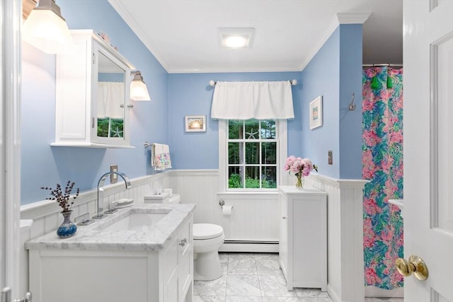 7 Lauras Ln, Marshfield, MA 02050 - full bath featuring vanity, marble finish floors, wainscoting, baseboard heating, and toilet