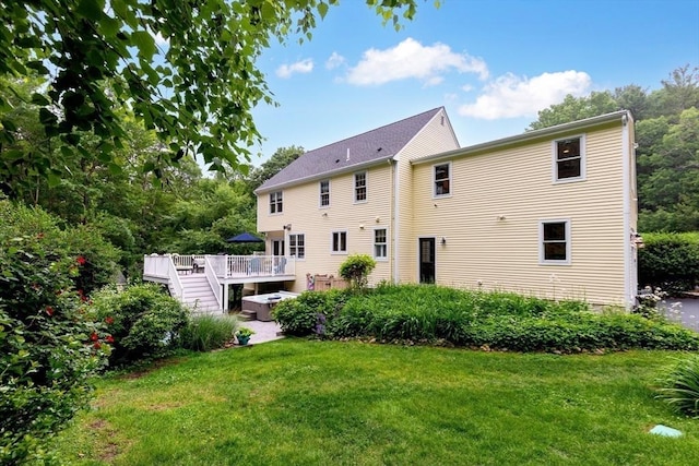 7 Lauras Ln, Marshfield, MA 02050 - rear view of property with a yard, a wooden deck, and stairs