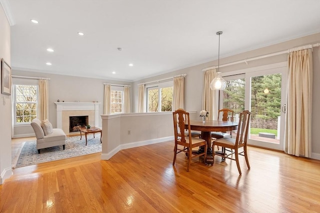 dining room with a healthy amount of sunlight, light wood finished floors, and a fireplace