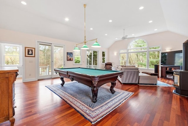 playroom with pool table, a wealth of natural light, wood finished floors, and lofted ceiling