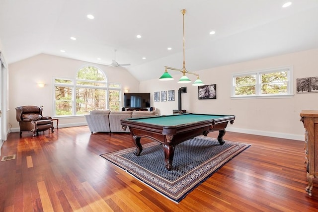 playroom featuring wood finished floors, billiards, and lofted ceiling