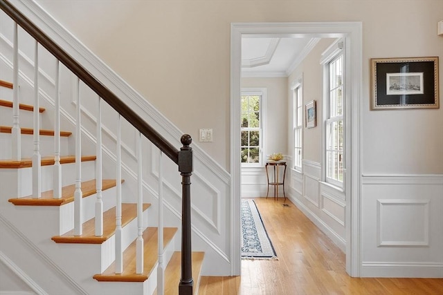 interior space with crown molding, wainscoting, a decorative wall, and wood finished floors