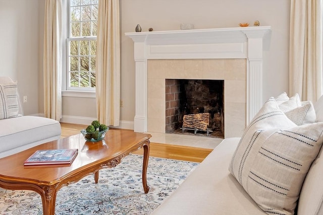 living area featuring light wood-style floors, baseboards, and a fireplace