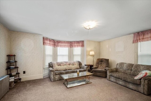 carpeted living room featuring radiator and plenty of natural light