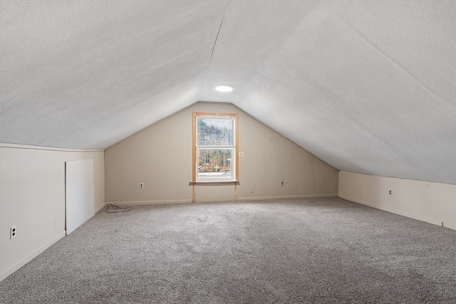 additional living space featuring a textured ceiling, vaulted ceiling, and carpet floors