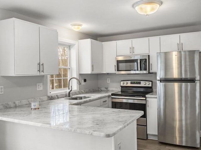 kitchen with a peninsula, white cabinetry, appliances with stainless steel finishes, and a sink