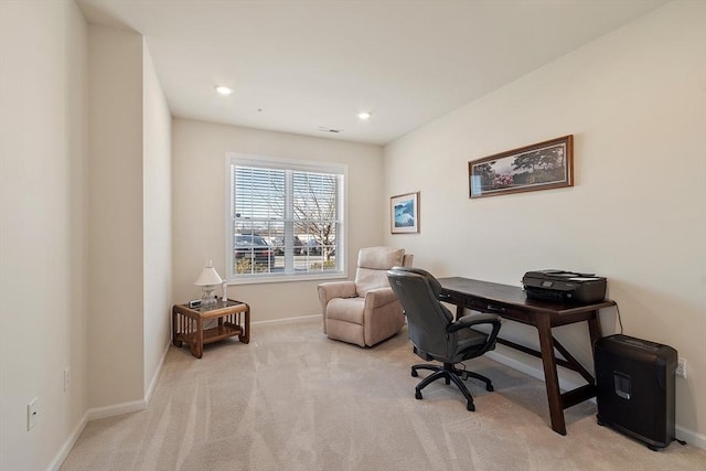 home office with light carpet, recessed lighting, visible vents, and baseboards