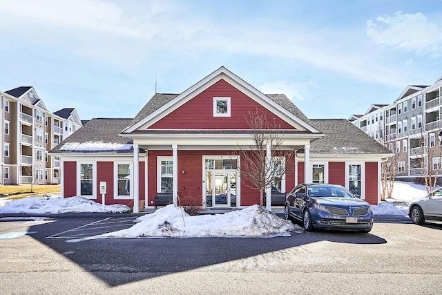 view of snow covered building