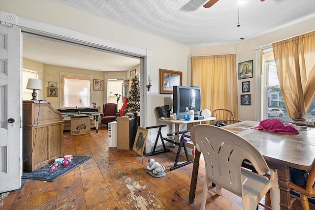 dining space featuring a textured ceiling, wood-type flooring, and ceiling fan