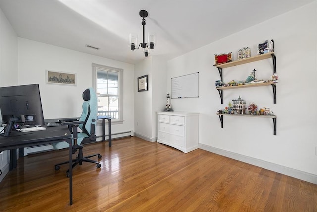 office area featuring wood finished floors, visible vents, and baseboards