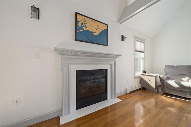 living room with baseboards, lofted ceiling, a premium fireplace, wood finished floors, and a baseboard radiator