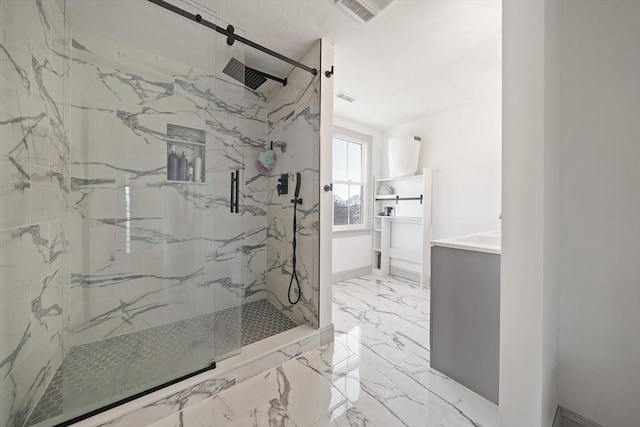 bathroom featuring a marble finish shower, visible vents, and marble finish floor