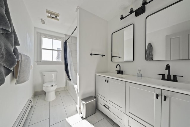 full bath featuring a sink, visible vents, toilet, and a baseboard radiator