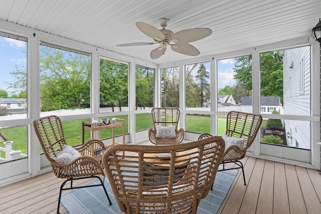 sunroom / solarium with a ceiling fan and healthy amount of natural light