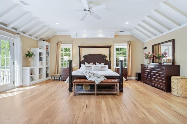 bedroom with light wood finished floors, lofted ceiling, crown molding, access to exterior, and baseboards